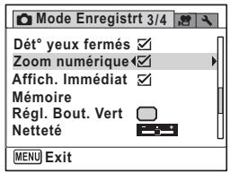 Mode Enregistrt 3/4 Dét° yeux fermés ✓ Zoom numérique ✓ Affich. Immédiat ✓ Mémoire Régl. Bout. Vert Netteté MENU Exit