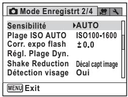 Mode Enregistrt 2/4 Sensibilité ►AUTO Plage ISO AUTO ISO100-1600 Corr. expo flash ±0.0 Régl. Plage Dyn. Shake Reduction Décal capt image Détection visage Oui MENU Exit