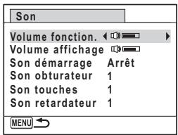 Son Volume fonction. Volume affichage Son démarrage Arrêt Son obturateur 1 Son touches 1 Son retardateur 1 MENU