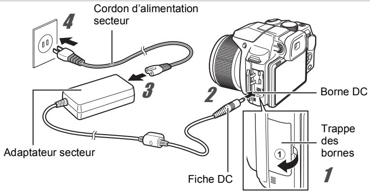 Cordon d'alimentation secteur Adaptateur secteur Fiche DC Borne DC Trappe des bornes