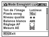 Mode Enregistrt 1/4 Ton de l'image Lumineux Pixels enreg 16M Niveau qualité ★★ Balance blancs AWB Réglage AF Mesure AE