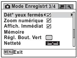 Mode Enregistrt 3/4 Déti° yeux fermés Zoom numérique Affich. Immédiat Mémoire Régl. Bout. Vert Netteté MENU Exit