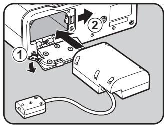 PENTAX K-01 - Tirez la trappe de protection du câble de connexion (①) à gauche du logement de protection de la batterie et insérez le coupleur secteur dans le logement de la batterie jusqu'à ce qu'il se mette en place. - 1
