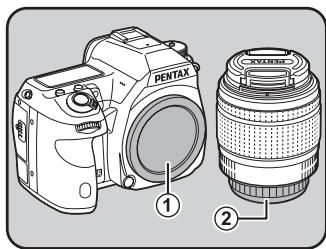 PENTAX K-5 - Retirez les caches de la monture du boîtier (①) et de la monture de l'objet (②). - 1