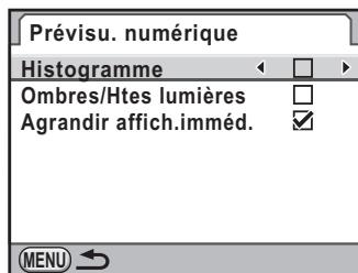 PENTAX K-5 - Utilisez le bouton de navigation ( ) pour selectionner [Histogramme], [Ombres/Htes lumieres] ou [Agrandir affich.immed.]. - 1