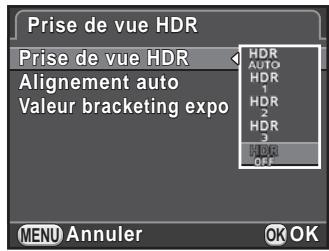 PENTAX K500 - Sélectionnez [Prise de vue HDR] dans le menu [Mode pr. de vue 1] et appuyez sur le bouton de navigation (▶). - 1