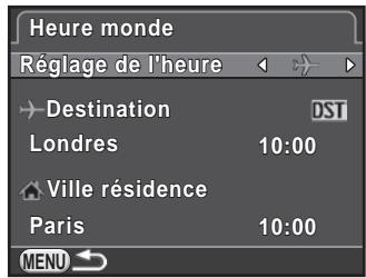 PENTAX K500 - Utilisez le bouton de navigation (◀▶) pour sélectionner ➡ (Destination) ou ⏻ (Ville résidence) pour [Réglage de l'heure]. - 1