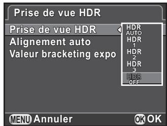 PENTAX K30 - Sélectionnez [Prise de vue HDR] dans le menu [Mode pr. de vue 1] et appuyez sur le bouton de navigation (▶). - 1