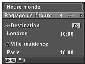 PENTAX K30 - Utilisez le bouton de navigation (▶) pour sélectionner → (Destination) ou (Ville résidence) pour [Réglage de l'heure]. - 1