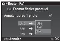 PENTAX K70 - Sélectionnez le format de fichier lorsque vous appuyez sur F1 ou F2. - 1
