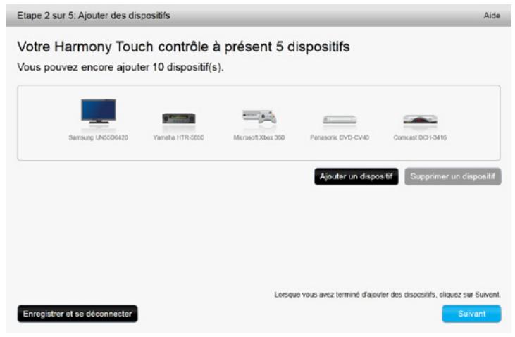Etape 2 sur 5. Ajouter des dispositifs Aide Votre Harmony Touch contrôle à présent 5 dispositifs Vous pouvez encore ajouter 10 dispositif(s). Samsung UN55D6420 Yamaha HTR-5500 Microsoft Xbox 360 Panasonic DVD-CV40 Comcast DCI-3416 Ajouter un dispositif Supprimer un dispositif Lorsque vous avez terminé d'ajouter des dispositifs, cliquez sur Suivent. Enregistrer et se déconnecter Suivant
