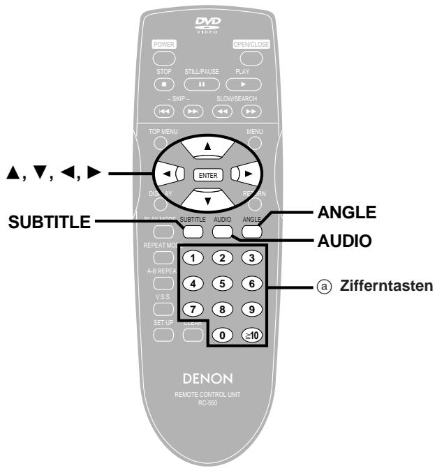 DVD VIDEO POWER OPEN/CLOSE STOP STILL/PAUSE PLAY - SKIP SLOW/SEARCH TOP MENU MENU ▲, ▼, ◀, ▶ ENTER DISPLAY REPERN SUBTITLE SUBTITLE AUDIO ANGLE REPEAT MODE 1 2 3 A.B REPEAT 4 5 6 V.S.S. 7 8 9 SET UP OFF 0 ≥10 DENON REMOTE CONTROL UNIT RC-550 ANGLE AUDIO a Zifferntasten