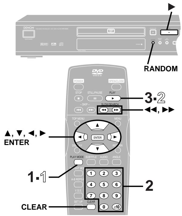DENON RANOM DVD VIDEO POWER OPEN/CLOSE STOP STILL/PAUSE PLAY SKIP SHOWS/AGRIU 3.2 ▲, ▼, ←, ENTER TOP MENU MENU ENTER DISPLAY REF.CN PLAY MODE SUBTITLE AUDIO ANGLE A-B REPEAK 1 2 3 Y.S.S 4 5 6 7 8 9 SET UP CLEAR 0 ≥10 1.1 CLEAR 2 RANDOM