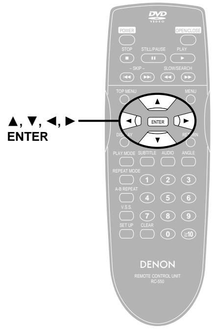 DVD VIDEO POWER STIP STOP SILL/PAUSE PLAY - SKIP - SLOW/SEARCH TOP MENU MENU ▲, ▼, ◀, ▶ ENTER DISPLAY RETURN PLAY MODE SUBTITLE AUDIO ANGLE REPEAT MODE 1 2 3 A-B REPEAT 4 5 6 V.S.S. 7 8 9 SET UP CLEAR 0 ≥10 DENON REMOTE CONTROL UNIT RC-500