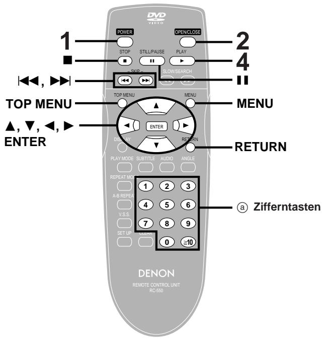DVD VIDEO POWER OPEN/CLOSE STOP STILL/PAUSE PLAY SKIP SLOW/SEARCH TOP MENU MENU ▲, ▼, ▶, ENTER ENTER DISPLAY RETURN PLAY MODE SUBTITLE AUDIO ANGLE REPEAT MODE 1 2 3 A-B REPEA 4 5 6 V.S.S. 7 8 9 SET UP CLEAR 0 ≥10 DENON REMOTE CONTROL UNIT RC-550 a Zifferntasten