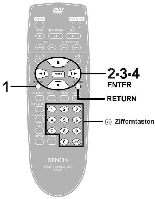 DVD VIDEO POWER OPEN/CLOSE STOP STILL/PAUSE PLAY SKIP SLOW/SEARCH TOP MENU MENU ENTER 2.3.4 ENTER DISPLAY RETURN PLAY MODE SUBTITLE AUDIO ANGELES REPEAT MODE 1 2 3 A-B REPEA 4 5 6 V.S.S. 7 8 9 SET UP CLEAR 0 ≥10 DENON REMOTE CONTROL UNIT RC-550 a Zifferntasten