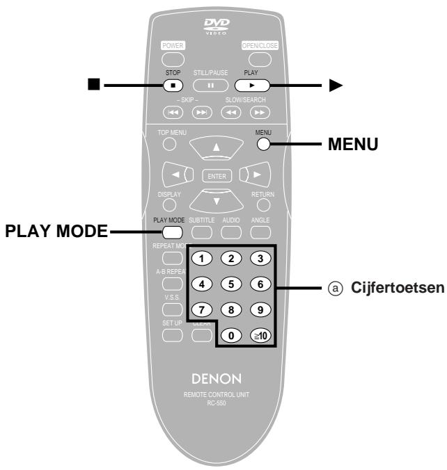 DVD VIDEO POWER OPEN/CLOSE STOP STILL/PAUSE PLAY -Skip SLOW/SEARCH TOP MENU MENU ENTER DISPLAY RETURN PLAY MODE SUBTITLE AUDIO ANGLE REPEAT MODE 1 2 3 A-B REPEA 4 5 6 V.S.S. 7 8 9 SET UP CLENT 0 ≥10 Denon REMOTE CONTROL UNIT RC-550 MENU PLAY MODE a Cijfertoetsen
