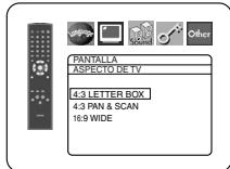 PANTALLA ASPECTO DE TV 4:3 LETTER BOX 4:3 PAN & SCAN 16:9 WIDE