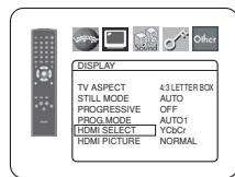 DISPLAY TV ASPECT 4:3 LETTER BOX STILL MODE AUTO PROGRESSIVE OFF PROG MODE AUTO1 HDMI SELECT YCbCr HDMI PICTURE NORMAL