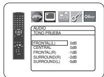 AUDIO TONO PRUEBA FRONTAL(L) 0dB CENTRAL 0dB FRONTAL(R) -1dB SURROUND(R) -2dB SURROUND(L) -5dB
