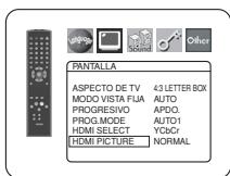 PANTALLA ASPECTO DE TV 43 LETTER BOX MODO VISTA FIJA AUTO PROGRESIVO APDO. PROG.MODE AUTO1 HDMI SELECT YCbCr HDMI PICTURE NORMAL