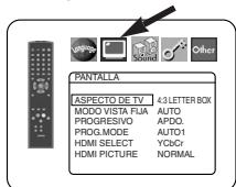 UPPS Sound Other PANTALLA ASPECTO DE TV 4.3 LETTER BOX MODO VISTA FIJA AUTO PROGRESIVO APDO. PROG.MODE AUTO1 HDMI SELECT YC&C/ HDMI PICTURE NORMAL