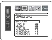 AUDIO CHANNEL LEVEL TEST TONE FRONT(L) 0dB CENTER 0dB FRONT(R) 0dB SUB WOOFER 0dB SURROUND(R) 0dB SURROUND(L) 0dB