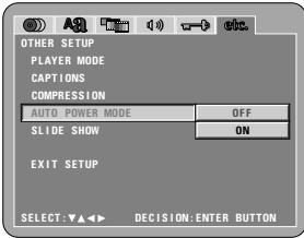 OTHER SETUP PLAYER MODE CAPTIONS COMPRESSION AUTO POWER MODE OFF SLIDE SHOW ON EXIT SETUP SELECT: ▼▲◀ ▶ DECISION: ENTER BUTTON