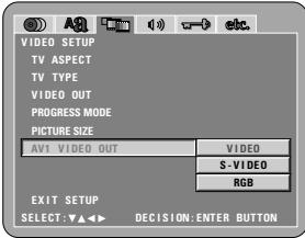VIDEO SETUP TV ASPECT TV TYPE VIDEO OUT PROGRESS MODE PICTURE SIZE AV1 VIDEO OUT VIDEO S-VIDEO RGB EXIT SETUP SELECT: ▼▲▲▼ DECISION: ENTER BUTTON