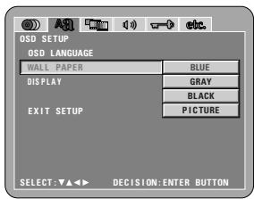 OSD SETUP OSD LANGUAGE WALL PAPER DISPLAY EXIT SETUP BLUE GRAY BLACK PICTURE SELECT:▼▲◀ ▶ DECISION:ENTER BUTTON