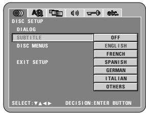 DISC SETUP DIALOG SUBTITLE OFF DISC MENUS ENGLISH FRENCH EXIT SETUP SPANISH GERMAN ITALIAN OTHERS SELECT: ▼▲◀ ▶ DECISION: ENTER BUTTON
