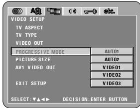 VIDEO SETUP TV ASPECT TV TYPE VIDEO OUT PROGRESSIVE MODE AUTO1 PICTURE SIZE AUTO2 AV1 VIDEO OUT VIDEO1 VIDEO2 EXIT SETUP VIDEO3 SELECT: ▼▲ ◀️ DECISION: ENTER BUTTON