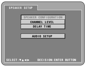 SPEAKER SETUP SPEAKER CONFIGURATION CHANNEL LEVEL DELAY TIME AUDIO SETUP SELECT:▼▲◀▶ DECISION:ENTER BUTTON