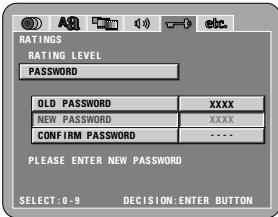 RATINGS RATING LEVEL PASSWORD OLD PASSWORD XXXX NEW PASSWORD XXXX CONFIRM PASSWORD **** PLEASE ENTER NEW PASSWORD SELECT: 0-9 DECISION: ENTER BUTTON