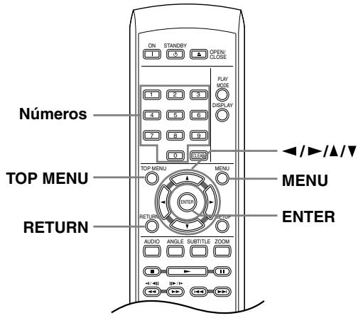 ON STANDBY OPEN/ CLOSE PLAY MODE DISPLAY Números TOP MENU MENU MENU RETURN AUDIO ANGLE SUBTITLE ZOOM ENTER +/-/▲/▼ -