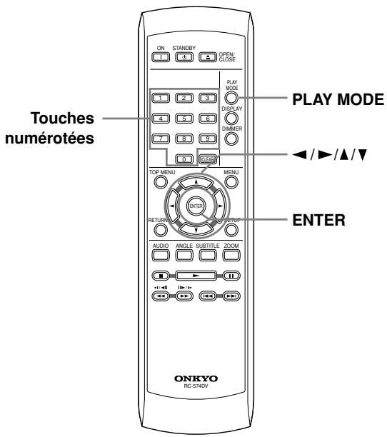 ONKYO RC-STADV ON STANDBY OPEN CLOBE PLAY MODE PLAY MODE DISPLAY DIMMER TOP MENU MENU RETURN ON RETURN ON AUDIO ANGLE SUBTITLE ZOOM ENTER Touches numérotées PLAY / ▶/▲/▼ ENTER