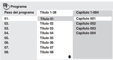 ONKYO DV-SP305 - Pulse PLAY MODE y selección “Programa” en la lista de equipos de la izquierda.na unidad automatística.

Repita el paso 3 para construir una lista de programa.

Una lista de programa puede contener hasta 24 títulos/capítulos/pistas.

- Puede introducir pasos en medio de una lista de programaresultando la posicióndondequieraqueaparezacel nuevo pasoeintroduciendo un numero de titulo/capitulo/pista.   
- Para eliminar un paso, resalte lo y pulse CLEAR.

![](images/52c7f8daa26a177a5596a15eb635d0445c9606db607f7183373069c93f340e59.jpg)  
5

ParaREENIRla listadeprograma,pulse  (reproducir).

La reproduccion de programa permanece activa hasta que desconnecte la reproduccion de programa (ver a continuacion), borre la lista de programa (ver a continuacion), expulse el disco o desactive el reproductor.

 automatística.

Repita el paso 3 para construir una lista de programa.

Una lista de programa puede contener hasta 24 títulos/capítulos/pistas.

- Puede introducir pasos en medio de una lista de programaresultando la posicióndondequieraqueaparezacel nuevo pasoeintroduciendo un numero de titulo/capitulo/pista.   
- Para eliminar un paso, resalte lo y pulse CLEAR.

![](images/52c7f8daa26a177a5596a15eb635d0445c9606db607f7183373069c93f340e59.jpg)  
5

ParaREENIRla listadeprograma,pulse  (reproducir).

La reproduccion de programa permanece activa hasta que desconnecte la reproduccion de programa (ver a continuacion), borre la lista de programa (ver a continuacion), expulse el disco o desactive el reproductor.

matística.

Repita el paso 3 para construir una lista de programa.

Una lista de programa puede contener hasta 24 títulos/capítulos/pistas.

- Puede introducir pasos en medio de una lista de programaresultando la posicióndondequieraqueaparezacel nuevo pasoeintroduciendo un numero de titulo/capitulo/pista.   
- Para eliminar un paso, resalte lo y pulse CLEAR.

![](images/52c7f8daa26a177a5596a15eb635d0445c9606db607f7183373069c93f340e59.jpg)  
5

ParaREENIRla listadeprograma,pulse  (reproducir).

La reproduccion de programa permanece activa hasta que desconnecte la reproduccion de programa (ver a continuacion), borre la lista de programa (ver a continuacion), expulse el disco o desactive el reproductor.

epita el paso 3 para construir una lista de programa.

Una lista de programa puede contener hasta 24 títulos/capítulos/pistas.

- Puede introducir pasos en medio de una lista de programaresultando la posicióndondequieraqueaparezacel nuevo pasoeintroduciendo un numero de titulo/capitulo/pista.   
- Para eliminar un paso, resalte lo y pulse CLEAR.

![](images/52c7f8daa26a177a5596a15eb635d0445c9606db607f7183373069c93f340e59.jpg)  
5

ParaREENIRla listadeprograma,pulse  (reproducir).

La reproduccion de programa permanece activa hasta que desconnecte la reproduccion de programa (ver a continuacion), borre la lista de programa (ver a continuacion), expulse el disco o desactive el reproductor.

Modo Reproducciónruir una lista de programa.

Una lista de programa puede contener hasta 24 títulos/capítulos/pistas.

- Puede introducir pasos en medio de una lista de programaresultando la posicióndondequieraqueaparezacel nuevo pasoeintroduciendo un numero de titulo/capitulo/pista.   
- Para eliminar un paso, resalte lo y pulse CLEAR.

![](images/52c7f8daa26a177a5596a15eb635d0445c9606db607f7183373069c93f340e59.jpg)  
5

ParaREENIRla listadeprograma,pulse  (reproducir).

La reproduccion de programa permanece activa hasta que desconnecte la reproduccion de programa (ver a continuacion), borre la lista de programa (ver a continuacion), expulse el disco o desactive el reproductor.

lista de programa.

Una lista de programa puede contener hasta 24 títulos/capítulos/pistas.

- Puede introducir pasos en medio de una lista de programaresultando la posicióndondequieraqueaparezacel nuevo pasoeintroduciendo un numero de titulo/capitulo/pista.   
- Para eliminar un paso, resalte lo y pulse CLEAR.

![](images/52c7f8daa26a177a5596a15eb635d0445c9606db607f7183373069c93f340e59.jpg)  
5

ParaREENIRla listadeprograma,pulse  (reproducir).

La reproduccion de programa permanece activa hasta que desconnecte la reproduccion de programa (ver a continuacion), borre la lista de programa (ver a continuacion), expulse el disco o desactive el reproductor.

 de programa.

Una lista de programa puede contener hasta 24 títulos/capítulos/pistas.

- Puede introducir pasos en medio de una lista de programaresultando la posicióndondequieraqueaparezacel nuevo pasoeintroduciendo un numero de titulo/capitulo/pista.   
- Para eliminar un paso, resalte lo y pulse CLEAR.

![](images/52c7f8daa26a177a5596a15eb635d0445c9606db607f7183373069c93f340e59.jpg)  
5

ParaREENIRla listadeprograma,pulse  (reproducir).

La reproduccion de programa permanece activa hasta que desconnecte la reproduccion de programa (ver a continuacion), borre la lista de programa (ver a continuacion), expulse el disco o desactive el reproductor.



Una lista de programa puede contener hasta 24 títulos/capítulos/pistas.

- Puede introducir pasos en medio de una lista de programaresultando la posicióndondequieraqueaparezacel nuevo pasoeintroduciendo un numero de titulo/capitulo/pista.   
- Para eliminar un paso, resalte lo y pulse CLEAR.

![](images/52c7f8daa26a177a5596a15eb635d0445c9606db607f7183373069c93f340e59.jpg)  
5

ParaREENIRla listadeprograma,pulse  (reproducir).

La reproduccion de programa permanece activa hasta que desconnecte la reproduccion de programa (ver a continuacion), borre la lista de programa (ver a continuacion), expulse el disco o desactive el reproductor.

Repetir A-B
Repetir
Aleatoria
Programa
Modo de Busquadaograma puede contener hasta 24 títulos/capítulos/pistas.

- Puede introducir pasos en medio de una lista de programaresultando la posicióndondequieraqueaparezacel nuevo pasoeintroduciendo un numero de titulo/capitulo/pista.   
- Para eliminar un paso, resalte lo y pulse CLEAR.

![](images/52c7f8daa26a177a5596a15eb635d0445c9606db607f7183373069c93f340e59.jpg)  
5

ParaREENIRla listadeprograma,pulse  (reproducir).

La reproduccion de programa permanece activa hasta que desconnecte la reproduccion de programa (ver a continuacion), borre la lista de programa (ver a continuacion), expulse el disco o desactive el reproductor.

Cear / Editor prog.
inició rep. prog.
Parada rep, Prog.
Borrar programacir pasos en medio de una lista de programaresultando la posicióndondequieraqueaparezacel nuevo pasoeintroduciendo un numero de titulo/capitulo/pista.   
- Para eliminar un paso, resalte lo y pulse CLEAR.

![](images/52c7f8daa26a177a5596a15eb635d0445c9606db607f7183373069c93f340e59.jpg)  
5

ParaREENIRla listadeprograma,pulse  (reproducir).

La reproduccion de programa permanece activa hasta que desconnecte la reproduccion de programa (ver a continuacion), borre la lista de programa (ver a continuacion), expulse el disco o desactive el reproductor.

asos en medio de una lista de programaresultando la posicióndondequieraqueaparezacel nuevo pasoeintroduciendo un numero de titulo/capitulo/pista.   
- Para eliminar un paso, resalte lo y pulse CLEAR.

![](images/52c7f8daa26a177a5596a15eb635d0445c9606db607f7183373069c93f340e59.jpg)  
5

ParaREENIRla listadeprograma,pulse  (reproducir).

La reproduccion de programa permanece activa hasta que desconnecte la reproduccion de programa (ver a continuacion), borre la lista de programa (ver a continuacion), expulse el disco o desactive el reproductor.

2de una lista de programaresultando la posicióndondequieraqueaparezacel nuevo pasoeintroduciendo un numero de titulo/capitulo/pista.   
- Para eliminar un paso, resalte lo y pulse CLEAR.

![](images/52c7f8daa26a177a5596a15eb635d0445c9606db607f7183373069c93f340e59.jpg)  
5

ParaREENIRla listadeprograma,pulse  (reproducir).

La reproduccion de programa permanece activa hasta que desconnecte la reproduccion de programa (ver a continuacion), borre la lista de programa (ver a continuacion), expulse el disco o desactive el reproductor.

Selección “Crear / Editor prog.” en la lista devinciones de programma.soeintroduciendo un numero de titulo/capitulo/pista.   
- Para eliminar un paso, resalte lo y pulse CLEAR.

![](images/52c7f8daa26a177a5596a15eb635d0445c9606db607f7183373069c93f340e59.jpg)  
5

ParaREENIRla listadeprograma,pulse  (reproducir).

La reproduccion de programa permanece activa hasta que desconnecte la reproduccion de programa (ver a continuacion), borre la lista de programa (ver a continuacion), expulse el disco o desactive el reproductor.

uciendo un numero de titulo/capitulo/pista.   
- Para eliminar un paso, resalte lo y pulse CLEAR.

![](images/52c7f8daa26a177a5596a15eb635d0445c9606db607f7183373069c93f340e59.jpg)  
5

ParaREENIRla listadeprograma,pulse  (reproducir).

La reproduccion de programa permanece activa hasta que desconnecte la reproduccion de programa (ver a continuacion), borre la lista de programa (ver a continuacion), expulse el disco o desactive el reproductor.

do un numero de titulo/capitulo/pista.   
- Para eliminar un paso, resalte lo y pulse CLEAR.

![](images/52c7f8daa26a177a5596a15eb635d0445c9606db607f7183373069c93f340e59.jpg)  
5

ParaREENIRla listadeprograma,pulse  (reproducir).

La reproduccion de programa permanece activa hasta que desconnecte la reproduccion de programa (ver a continuacion), borre la lista de programa (ver a continuacion), expulse el disco o desactive el reproductor.

 numero de titulo/capitulo/pista.   
- Para eliminar un paso, resalte lo y pulse CLEAR.

![](images/52c7f8daa26a177a5596a15eb635d0445c9606db607f7183373069c93f340e59.jpg)  
5

ParaREENIRla listadeprograma,pulse  (reproducir).

La reproduccion de programa permanece activa hasta que desconnecte la reproduccion de programa (ver a continuacion), borre la lista de programa (ver a continuacion), expulse el disco o desactive el reproductor. - 2