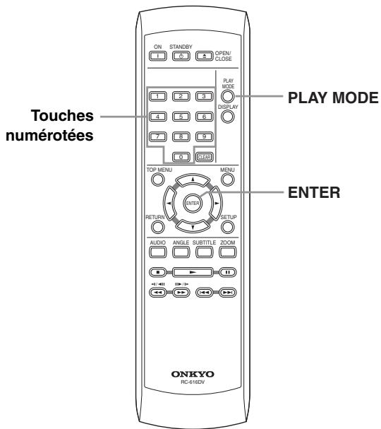 ONKYO DV-SP305 - Important:98e17558e351a988899cb6bd6eb265834cf510a1b2bd.jpg)

![](images/71cabd48a7215cd5ff339b00b32ae6d34997f7b40b4ec89cc7ca908060fcf8cc.jpg)

![](images/b823c427837efec9a38a401343ce29d7ed82a7b063f78b072cd2106ebdcbd84f.jpg)

![](images/f81ac9bed4f59449e6c810f8c6628b4d846aa9e36b5422c5443d0389183a3a61.jpg)

![](images/0c16eb1f7d9370da70030e010aee3062d814b8b1d83ef8f9d234309f81745c92.jpg)

![](images/a5a63fc28df6f42cb97096944b7fc212a19dd8e152af9ce4c3229db628d8ebcd.jpg)

Mode de lecture

Répartition A-B   
Répetit   
Hasard   
Programme   
mode recherche

Recherche Titre

Recherche Chap.

Rech.temporelle

numéro de chapitre

0 0 1

Pour une recherche temporelle, tapez le nombre de minutes et de secondes à partir duquel, dans le titre (DVD) ou la plage (CD ou Video CD) actuellement en cours de lecture, doit commencer la lecture. Appuyez, par exemple, sur les touches 4, 5, 0, 0 pour que la lecture commence au point qui se situe 45 minutes après le début du disque. Pour 1 heures, 20 minutes et 30 secondes, appuyez sur les touches 8, 0, 3, 0.



Les fonctions de recherche ne sont pas disponibles avec les Video CD en mode PBC ou avec les disques WMA/MP3. - 1