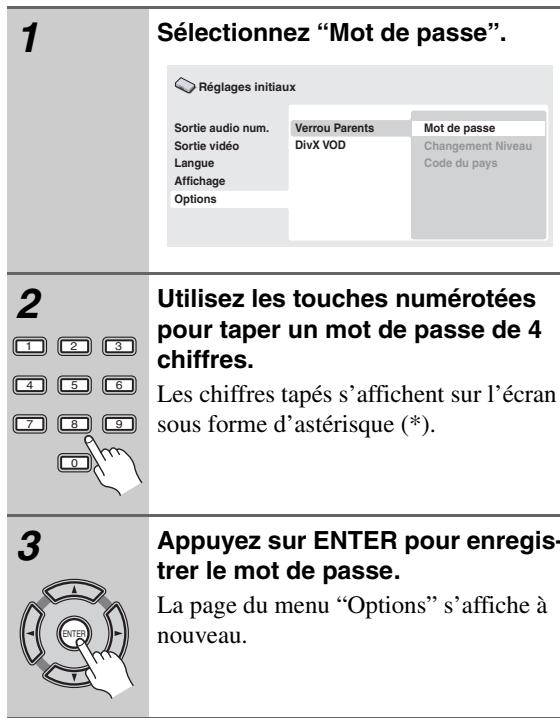 ONKYO DV-SP305 - Remarques:onnez “Changement Niveau”.

Les disques n'utilisent pas tous le "Verrou Parents" et certains peuvent êtrelus sans qu'il ne soit nécessaire de saisir d'abord le mot de passer.   
Si vous oubliez le mot de passer, vous doivent rétablier les réglages par défaut du lecteur puis enregistrer un nouveau mot de passer (reportez-vous à “Réinitialisation du lecteur” la page 47).

Enregistrement d'un mot de passerification du code de pays/région - 1