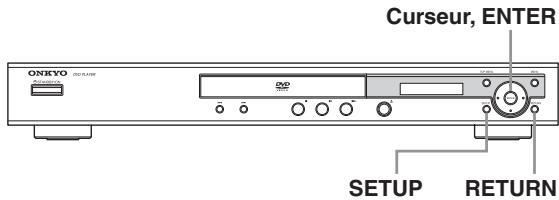 ONKYO DV-SP305 - Remarque:-fonction-du-téléviseur">

Ce lecteur dispose d'un économisteur d'écran et d'une fonction de mise hors tension automatique. Si le lecteur est à l'arrêt et si aucun bouton n'est actionné durant plus de cinq minutes, l'économisteur d'écran se met en marche. Si le tiroir est fermé alors qu'aucun disque n'est lu et qu'aucune commande n'est actionné durant 30 minutes, le lecteur passée automatiquement en mode de veille.

Utilisation de l'affichage sur écran
1

![](images/b78f3332e65ceab5b046c1cbe418bff9559bd51b0b3c25aea46b73536775d6ff.jpg)

Appuyez sur SETUP puis selec-tionner "Réglages initiaux".

![](images/6b8300904f8b4580e0207aa7fba46accaaa6491020c33da1aae153a2672300dc.jpg)

Réglages initiaux

2

Sélectionnez "Télévisueur" sur la page de réglage "Sortie video".

![](images/acf34ad6118a331626f9e7fe47ecb3b380fc69af11f0c87ef3bb409c4789f262.jpg)

Réglages initiaux

Sortie audie

Téel

eur

4/3 (Letter Box)

Sortie videoc

Sortie video YUV

4/3 (Pan&amp;Scan)

Langue

Affichag

Options

Si vous possédez un télévisur à écran large (16:9), Sélectionnez "16/9 (Wide)".

Si vous possédez un télévisueur ordinaire (4:3), vous avez le besoin entre "4/3 (Letter Box)" et "4/3 (Pan&amp;Scan)". Pour de plus amples détails, reportez-vous à "Page de réglage Sortie video" la page 42.

3

4

![](images/e79b9875322be313b619eacb84d590ecf76100dbd0db9e560513dd9bf03a8f06.jpg)

Appuyez sur SETUP pour quitter le page de menu. - 2