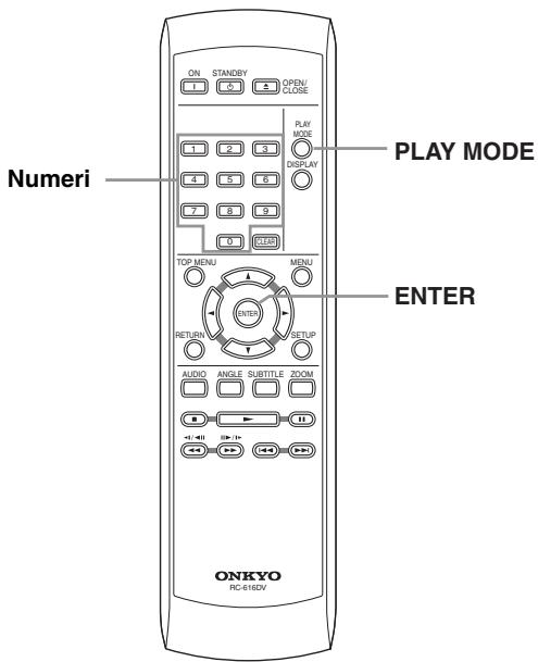ONKYO DV-SP305 - Important:ò essere utilizzata unicamente durante la riproduzione di un disco.

3

![](images/943304fc076e22a593842efd87f1d671bfed6aac7cb1d13270c67a6a459bd739.jpg)

![](images/0cb5d94deac7c7936dca6c5dfb55014e540875258ab13deae3fa0971fc790bb3.jpg)

![](images/bb1725191e733c3ce887ffcb89cfc4dd9bb86ebc8cfabfa69d747a455ed2c65b.jpg)

Utilizzare i pulsanti numerati per immettre un titolo, un capitolo, un numero di traccia oppure un tempo.

![](images/7cbb086fec72d4fe51eefd463faaebf48f1b40b87753e514b0841992d11c8195.jpg)

- Per una ricerca basata sul tempo, immettere il numero di minuti e secondi del titolo currentamente riproduzione (DVD) o della traccia (CD/Video CD) in corrispondenza dei quali si desidera riprendere la riproduzione. Premere ad esempio 4, 5, 0, 0 per fare iniziare la riproduzione a 45 minuti dall'inizio del disco. Per 1 ora, 20 minuti e 30 secondi, premere 8, 0, 3, 0.

4

![](images/7dc52b75285bf5982fc001ee2a42530fc3433d9cc96c20df66d1e80a0738d2a8.jpg)

Premere ENTER per avviare la riproduzione.



Le funzioni di ricerca non sono disponibili con dischi Video CD nella modalità PBC o con dischi di file WMA/MP3. - 1