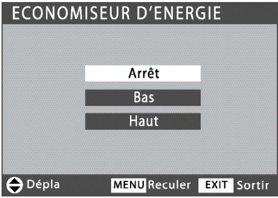 ECONOMISEUR D'ENERGIE Arrêt Bas Haut Dépla MENU Reculer EXIT Sortir