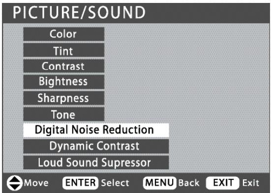 PICTURE/SOUND Color Tint Contrast Bightness Sharpness Tone Digital Noise Reduction Dynamic Contrast Loud Sound Suppressor Move ENTER Select MENU Back EXIT Exit
