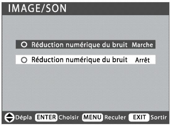 IMAGE/SON ○ Réduction numérique du bruit Marche ○ Réduction numérique du bruit Arrêt Dépla ENTER Choisir MENU Reculer EXIT Sortir
