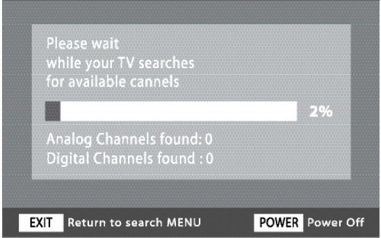 Please wait while your TV searches for available cannels 2% Analog Channels found: 0 Digital Channels found : 0 EXIT Return to search MENU POWER Power Off