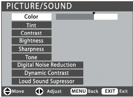 PICTURE/SOUND Color Tint Contrast Bightness Sharpness Tone Digital Noise Reduction Dynamic Contrast Loud Sound Suppressor