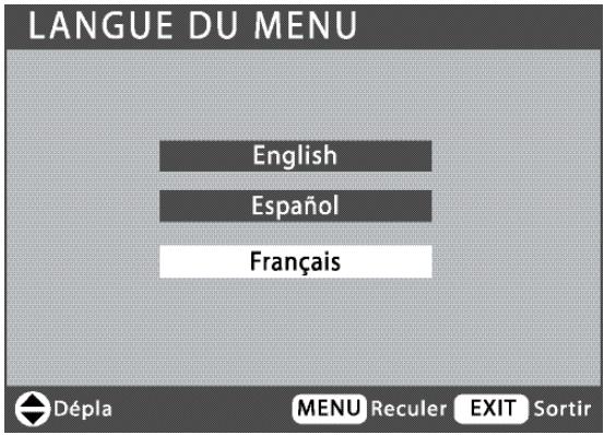 LANGUE DU MENU English Español Français Dépla MENU Reculer EXIT Sortir