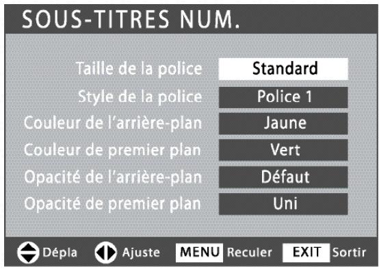 SOUS-TITRES NUM. Taille de la police Style de la police Couleur de l'arrière-plan Couleur de premier plan Opacité de l'arrière-plan Opacité de premier plan Standard Police 1 Jaune Vert Défaut Uni