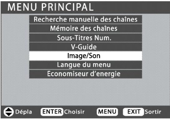 MENU PRINCIPAL Recherche manuelle des chaînes Mémoire des chaînes Sous-Titres Num. V-Guide Image/Son Langue du menu Economiseur d'énergie