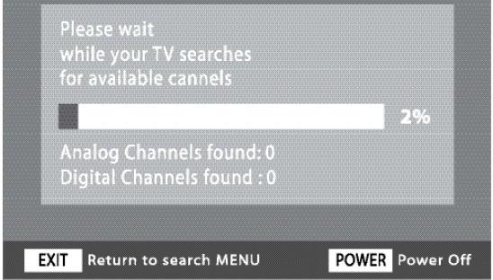 Please wait while your TV searches for available cannels 2% Analog Channels found: 0 Digital Channels found : 0 EXIT Return to search MENU POWER Power Off